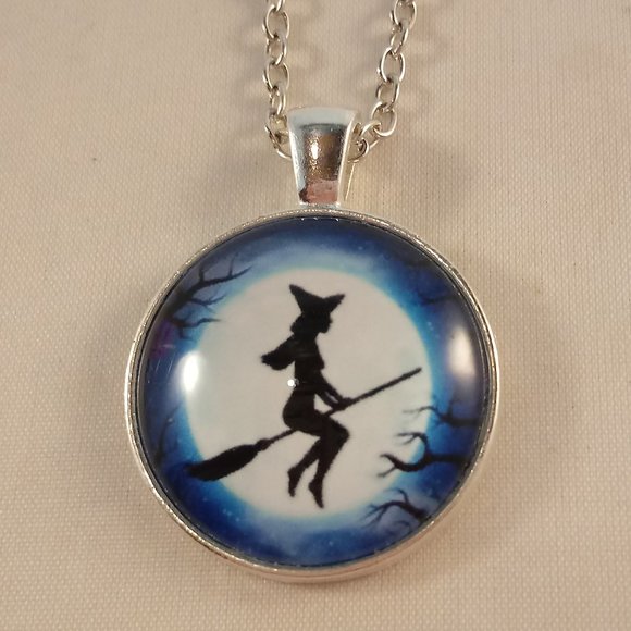 Silver Witch on Broom Moon Cabochon Pendant Necklace 20" Party Gift - Picture 2 of 3